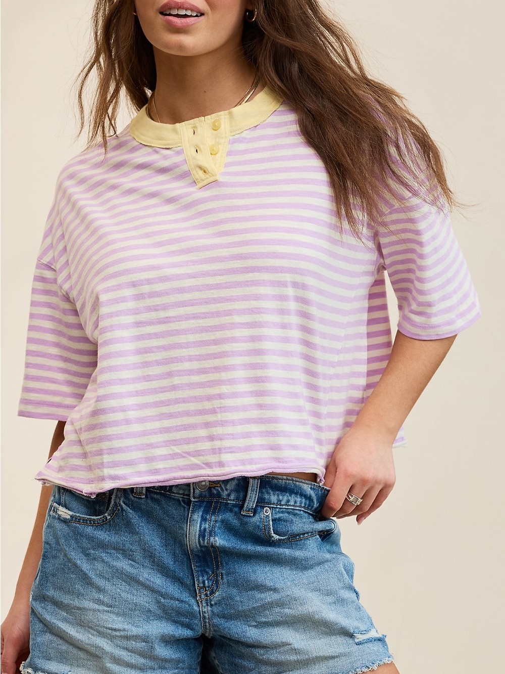 aerie 100% Cotton Lavender & Pale Yellow Striped Short Sleeve Henley Tee